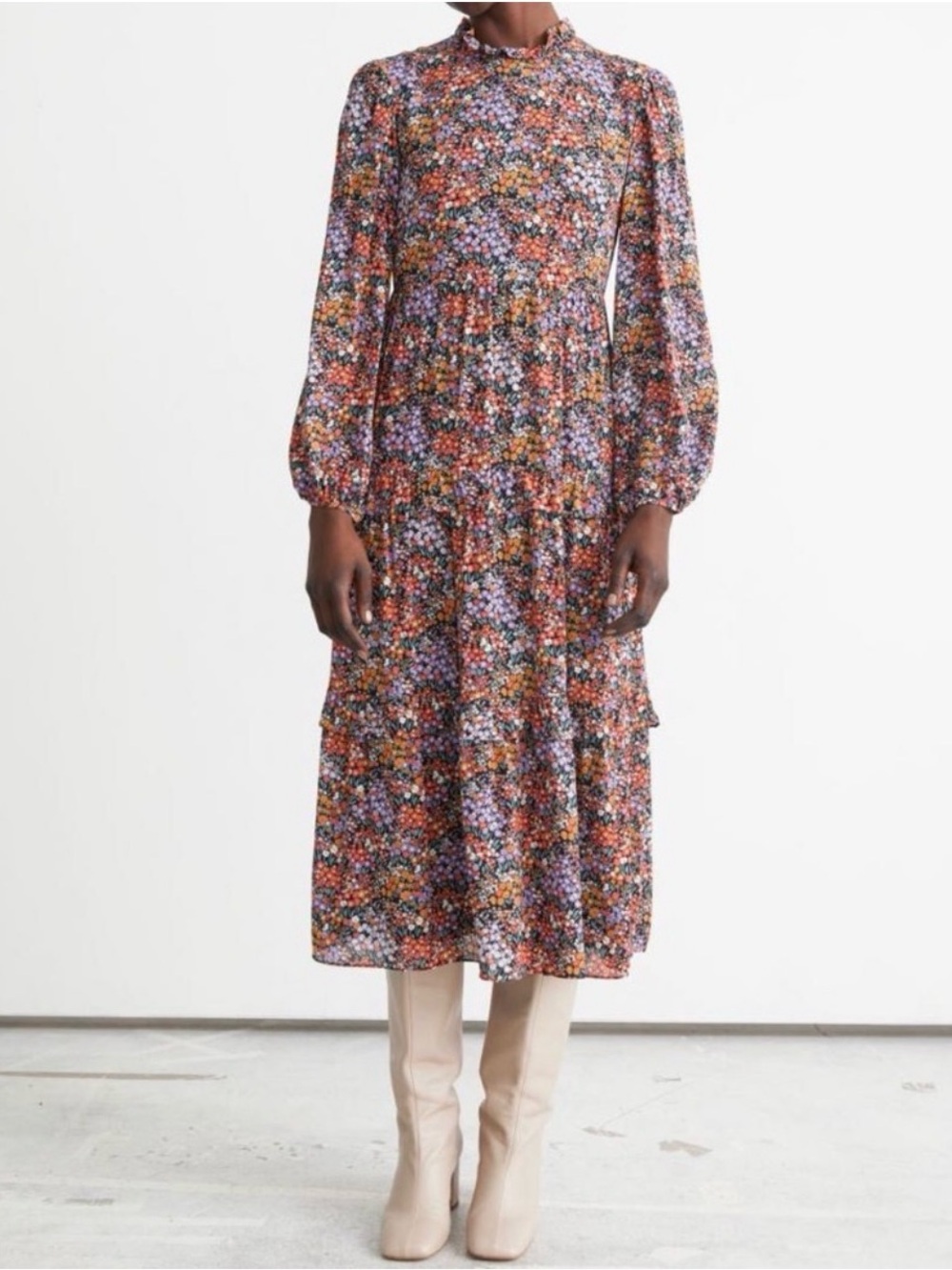 & Other Stories Floral Tiered Midi Dress in Orange, Purple and Pink